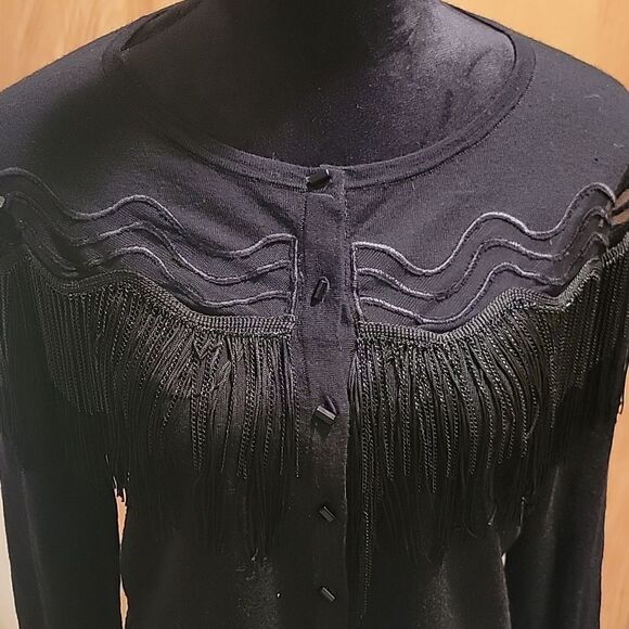 Elie Tahari Chic Black Fringe Cardigan sz med - Picture 3 of 9